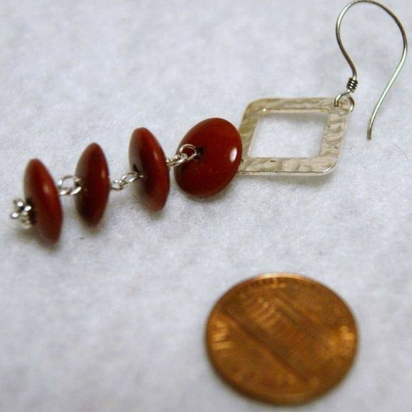 Handmade Hammered Sterling Silver & Burgundy Red Tagua Nut Disc Kite Earrings - Picture 3 of 5